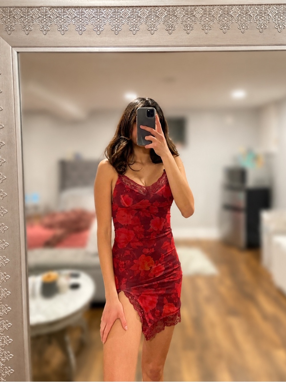 Red Floral Lace Slip Dress